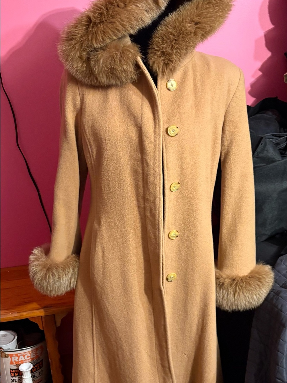 Marvin Richards Camel Trench Coat with Fur Trim